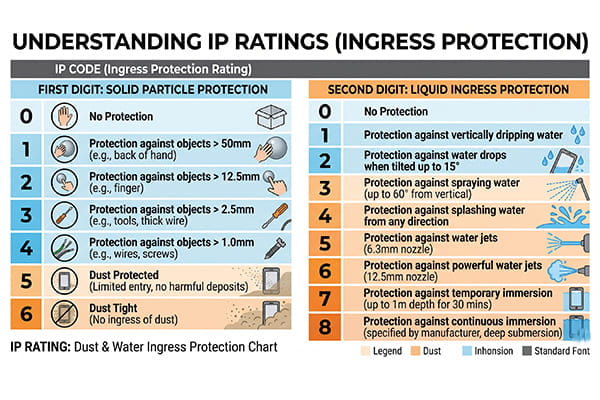 Chart showing IP rating numbers and their meaning for dust and water protection